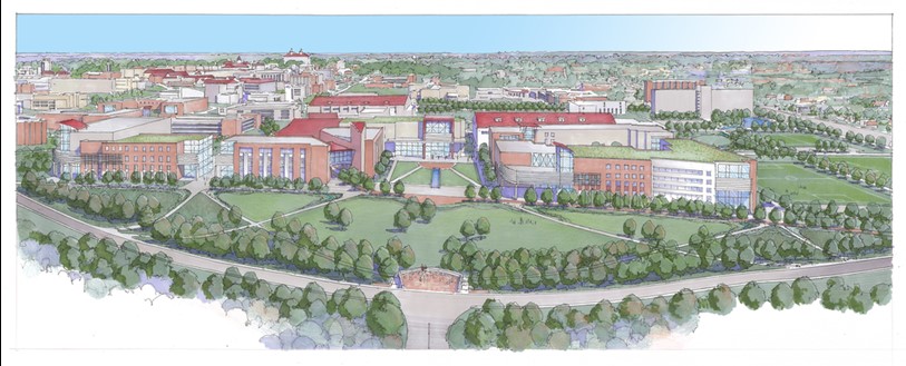 View of the Central District | University of Kansas | The rendering depicts the importance of place-making within the new district. Planning efforts balance new facilities with connected open spaces that will extend KU’s unique campus fabric both aesthetically and functionally.