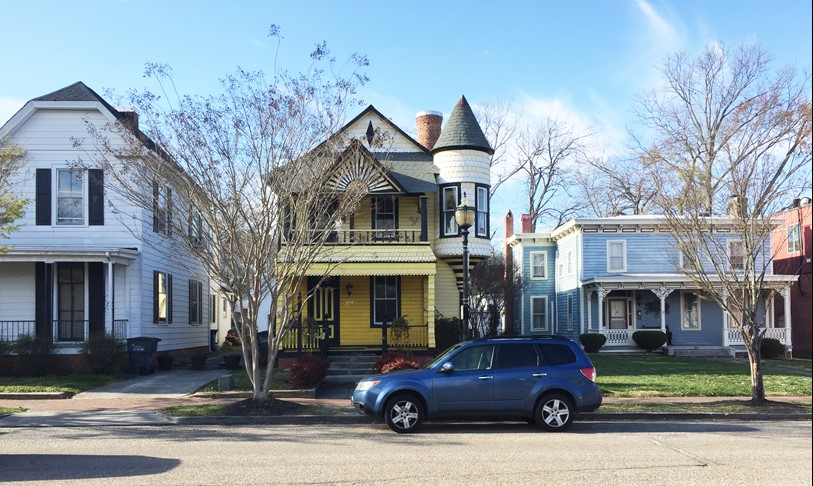 Victorian houses on Main Street are representative of the character of Smithfield, Virginia.